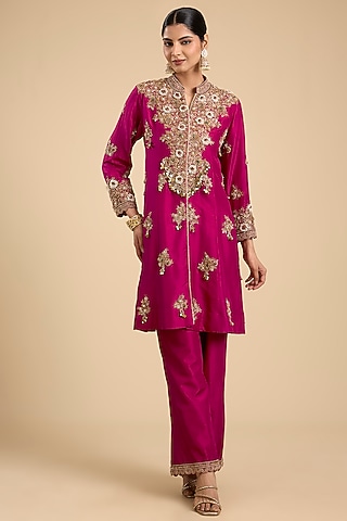 Fuchsia Pink Silk Embroidered Paneled Tunic Set by Jaya Rathore