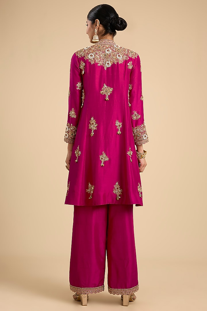 Fuchsia Pink Silk Embroidered Paneled Tunic Set by Jaya Rathore at Pernia's Pop Up Shop
