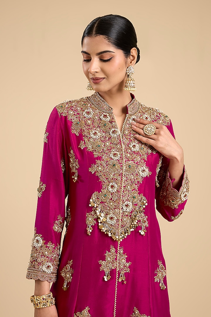 Fuchsia Pink Silk Embroidered Paneled Tunic Set by Jaya Rathore at Pernia's Pop Up Shop