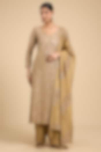 Beige Shimmer Tissue Jaal & Tikki Work Straight Kurta Set by Jaya Rathore at Pernia's Pop Up Shop