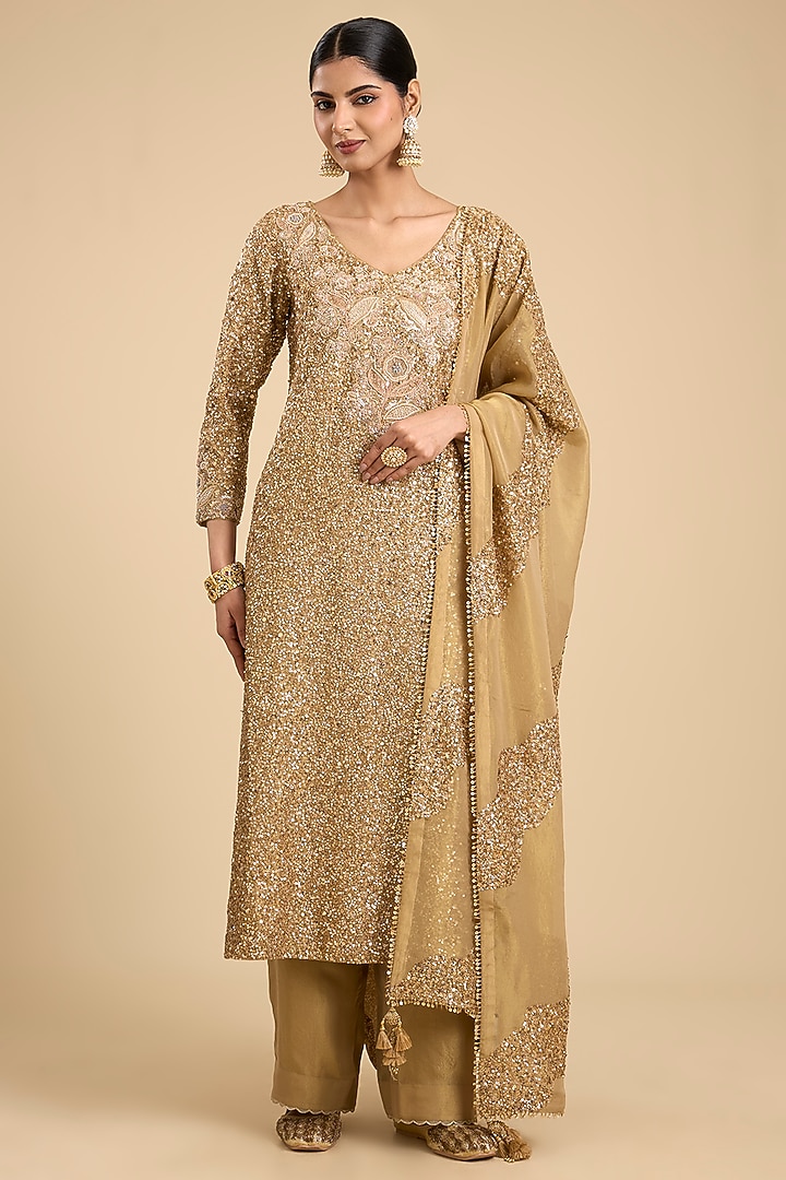 Beige Shimmer Tissue Jaal & Tikki Work Straight Kurta Set by Jaya Rathore at Pernia's Pop Up Shop