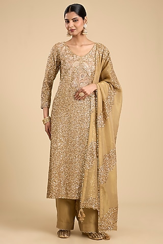 Beige Shimmer Tissue Jaal & Tikki Work Straight Kurta Set by Jaya Rathore