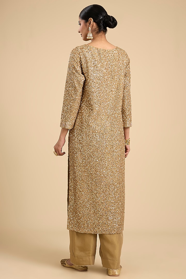 Beige Shimmer Tissue Jaal & Tikki Work Straight Kurta Set by Jaya Rathore at Pernia's Pop Up Shop