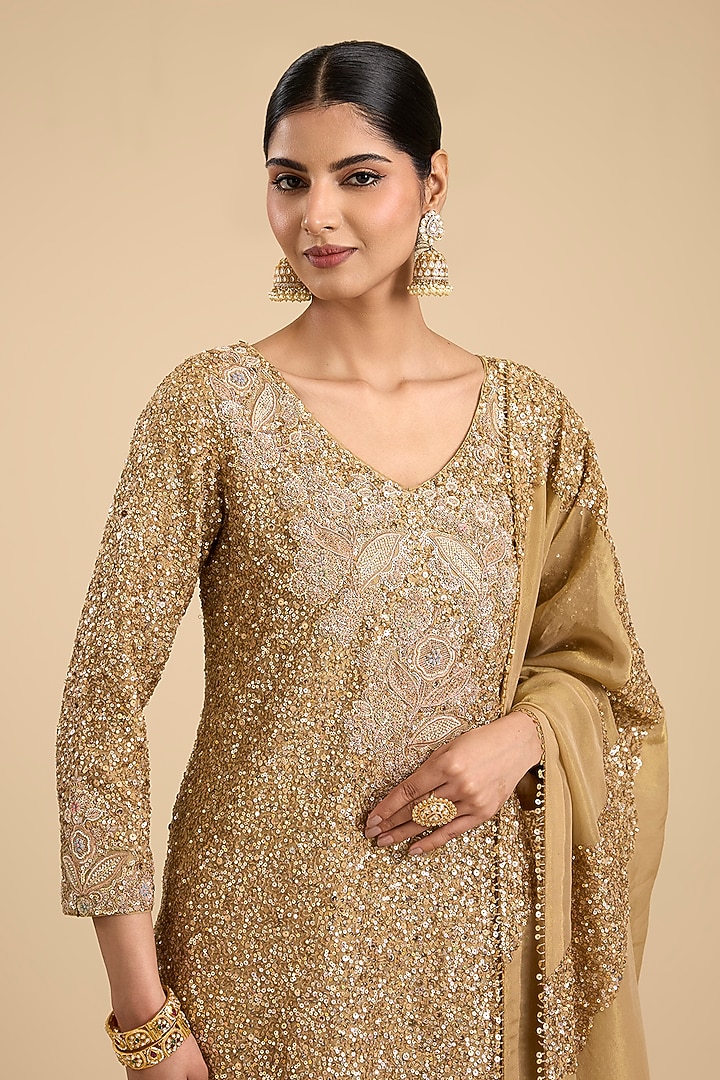 Beige Shimmer Tissue Jaal & Tikki Work Straight Kurta Set by Jaya Rathore at Pernia's Pop Up Shop