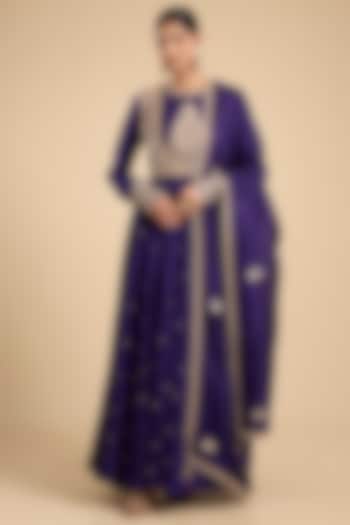 Purple Silk Crepe Dori & Sequin Embroidered Kalidar Bridal Anarkali Set by Jaya Rathore at Pernia's Pop Up Shop