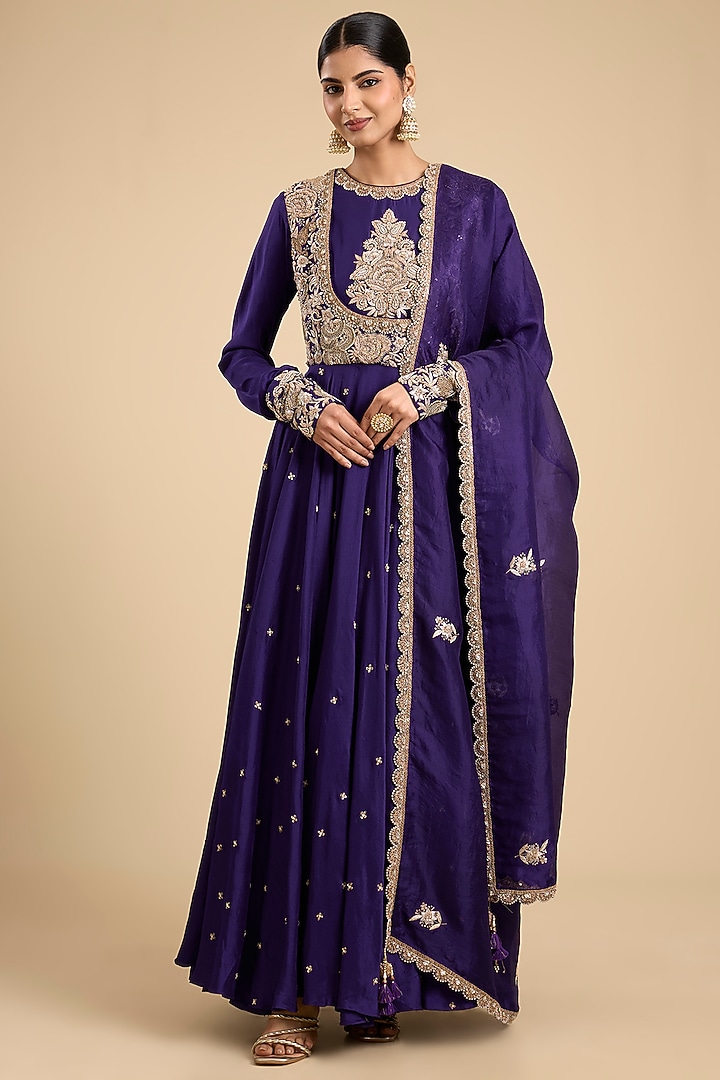 Purple Silk Crepe Dori & Sequin Embroidered Kalidar Bridal Anarkali Set by Jaya Rathore at Pernia's Pop Up Shop