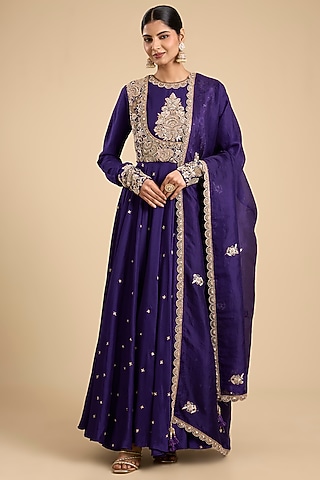 Purple Silk Crepe Dori & Sequin Embroidered Kalidar Anarkali Set by Jaya Rathore