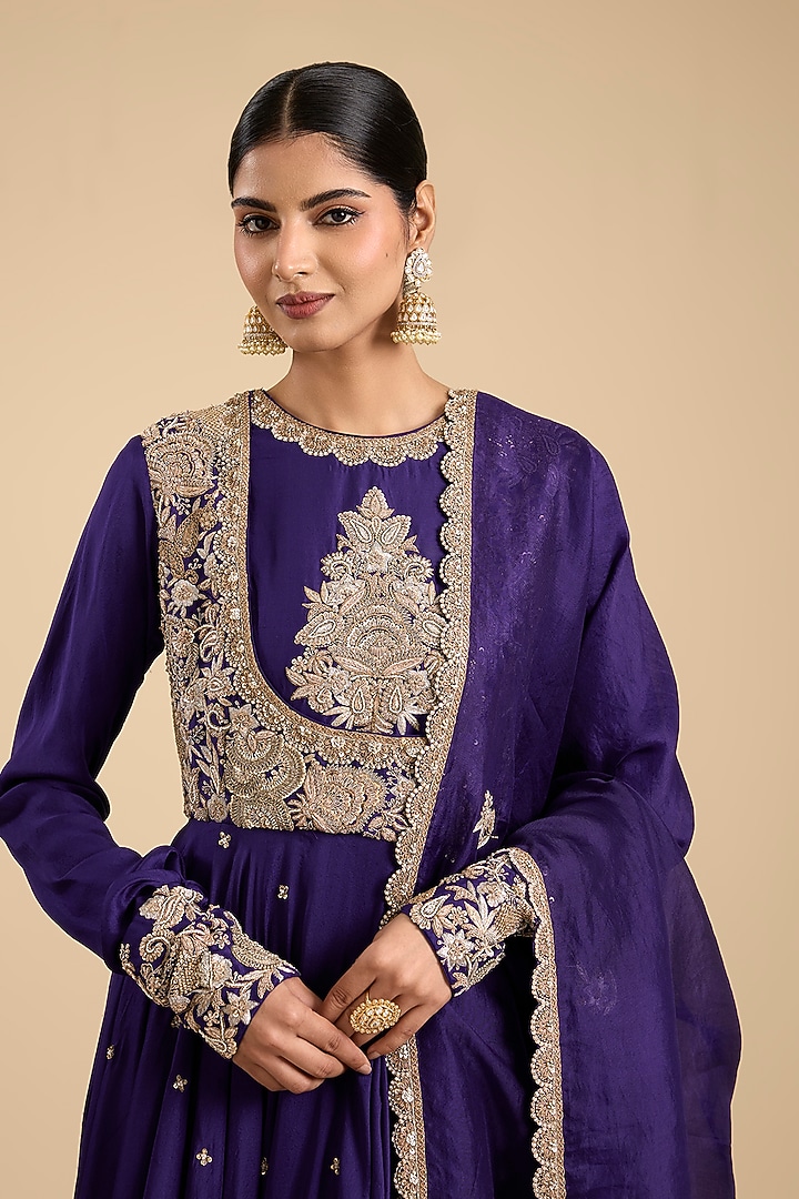 Purple Silk Crepe Dori & Sequin Embroidered Kalidar Bridal Anarkali Set by Jaya Rathore at Pernia's Pop Up Shop