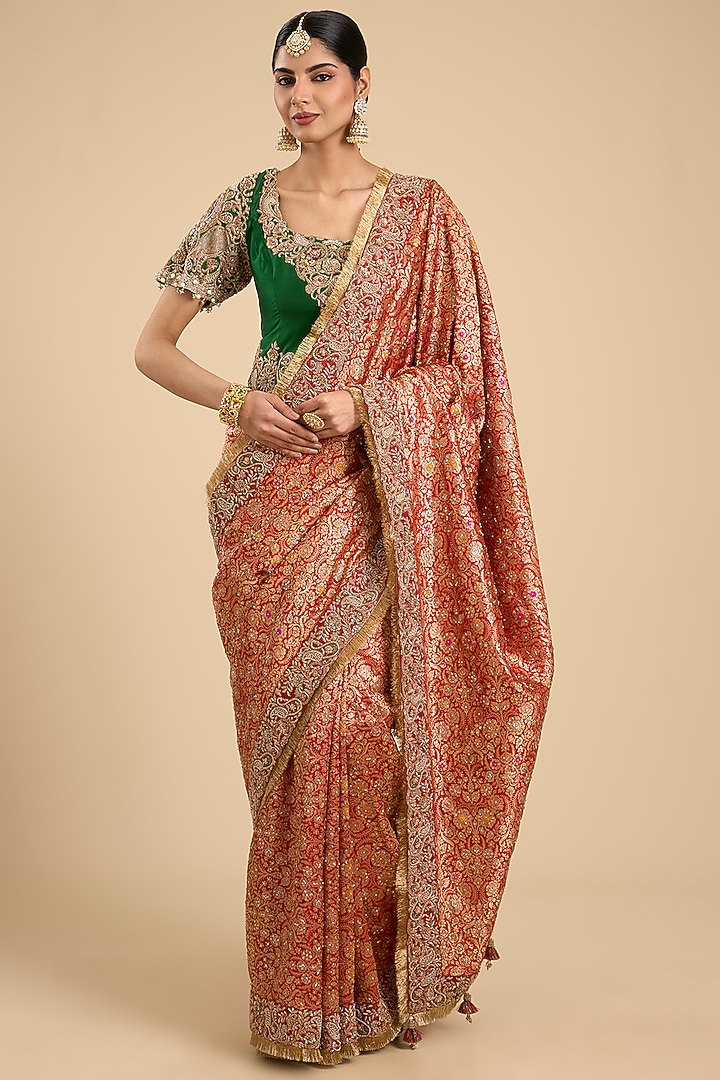 Orange Brocade Cutwork Embroidered Bridal Saree Set by Jaya Rathore at Pernia's Pop Up Shop
