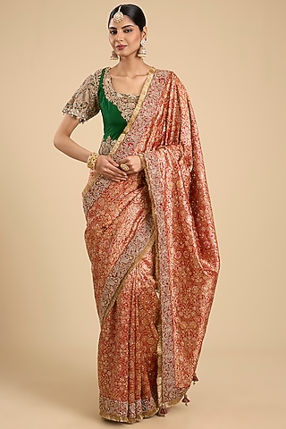 Orange Brocade Cutwork Embroidered Saree Set by Jaya Rathore
