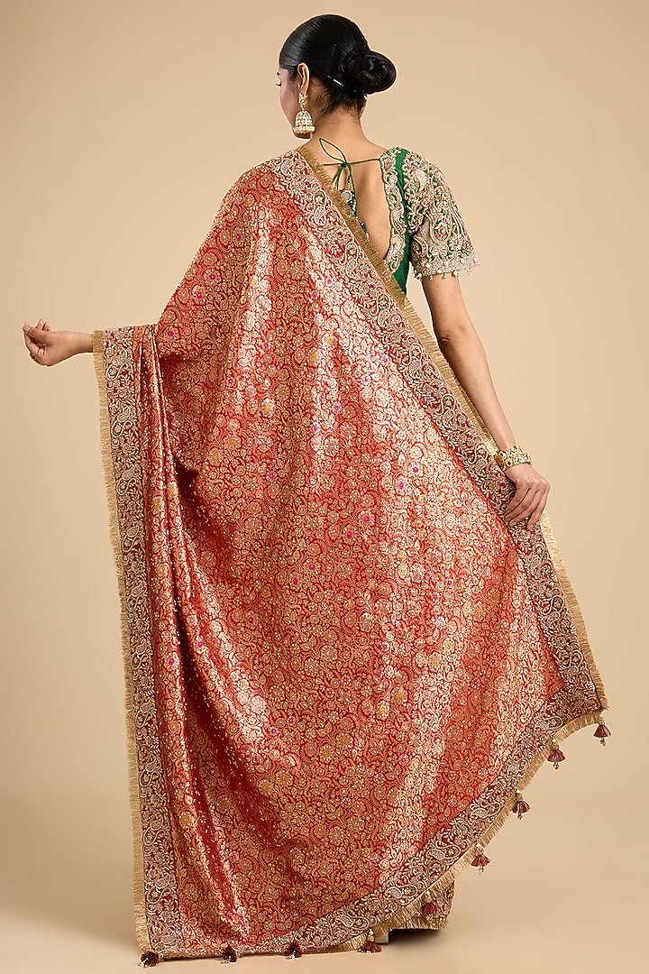 Orange Brocade Cutwork Embroidered Bridal Saree Set by Jaya Rathore at Pernia's Pop Up Shop