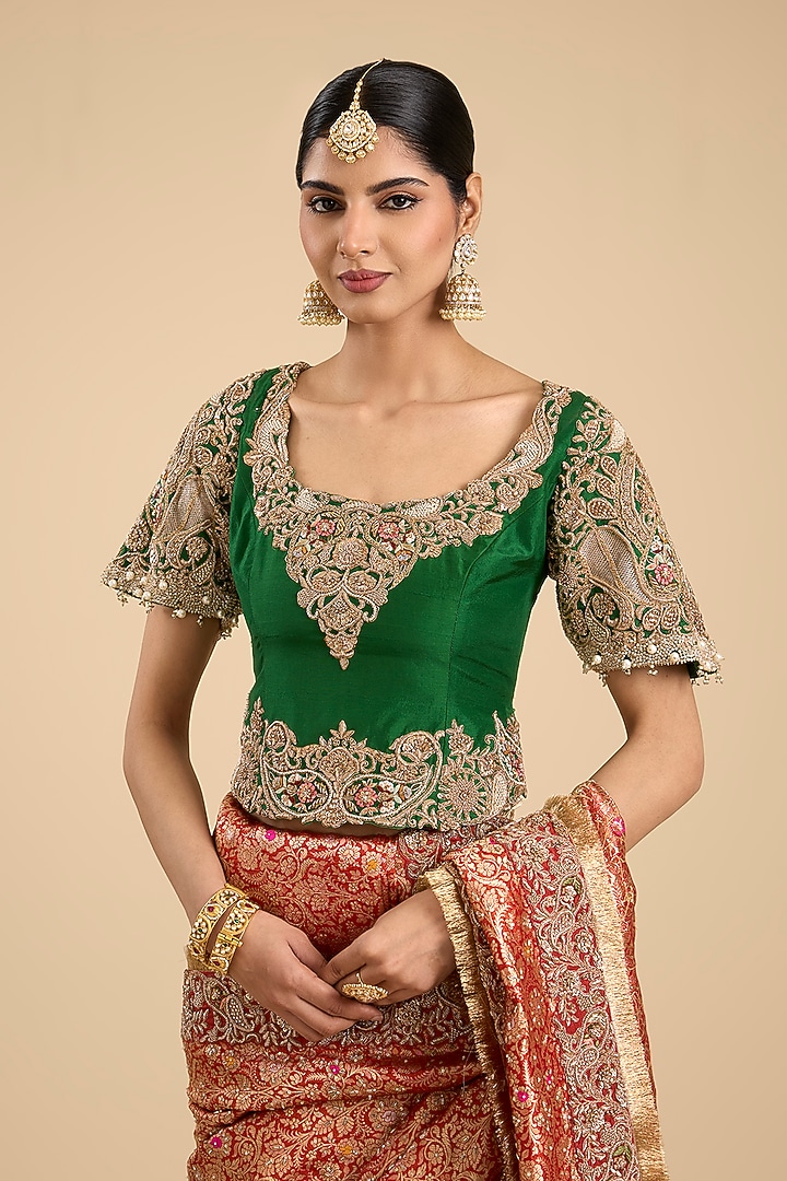 Orange Brocade Cutwork Embroidered Bridal Saree Set by Jaya Rathore at Pernia's Pop Up Shop