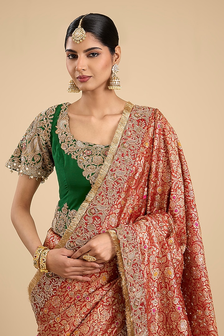 Orange Brocade Cutwork Embroidered Bridal Saree Set by Jaya Rathore at Pernia's Pop Up Shop