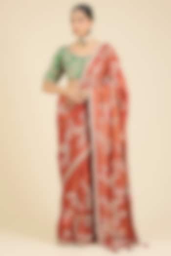 Red & Green Stripe Tissue Dori Embellished Bridal Saree Set by Jaya Rathore at Pernia's Pop Up Shop