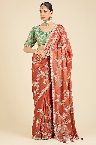 Red & Green Stripe Tissue Dori Embellished Saree Set by Jaya Rathore