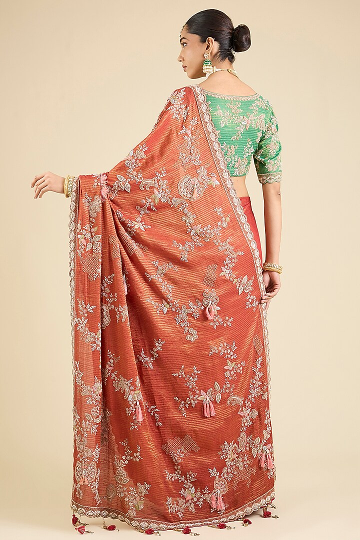 Red & Green Stripe Tissue Dori Embellished Bridal Saree Set by Jaya Rathore at Pernia's Pop Up Shop