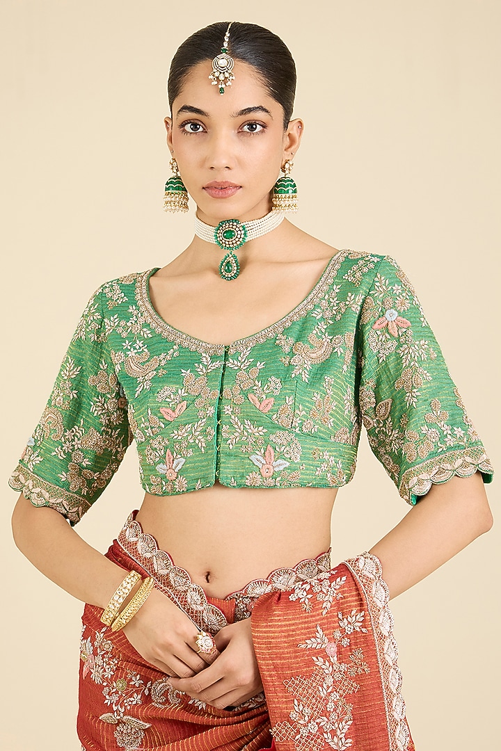 Red & Green Stripe Tissue Dori Embellished Bridal Saree Set by Jaya Rathore at Pernia's Pop Up Shop