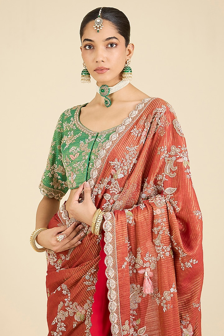 Red & Green Stripe Tissue Dori Embellished Bridal Saree Set by Jaya Rathore at Pernia's Pop Up Shop