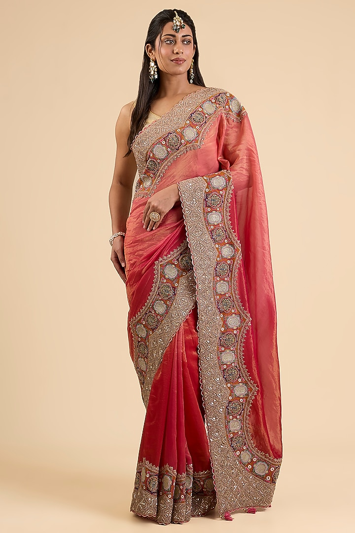 Multi-Colored Shimmer Tissue Embroidered Reception Saree Set by Jaya Rathore at Pernia's Pop Up Shop