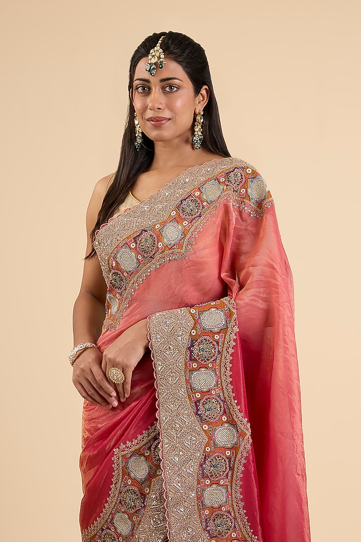 Multi-Colored Shimmer Tissue Embroidered Reception Saree Set by Jaya Rathore at Pernia's Pop Up Shop