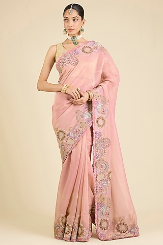 Onion Pink Shimmer Tissue Saree Set by Jaya Rathore
