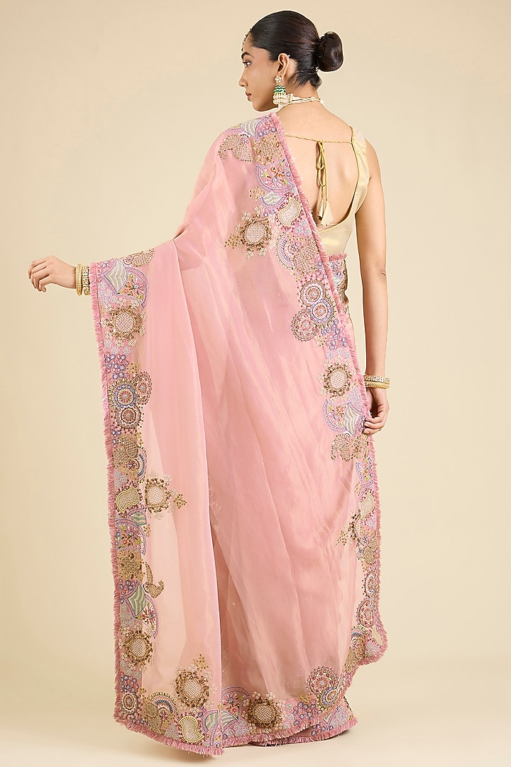 Onion Pink Shimmer Tissue Reception Saree Set by Jaya Rathore at Pernia's Pop Up Shop