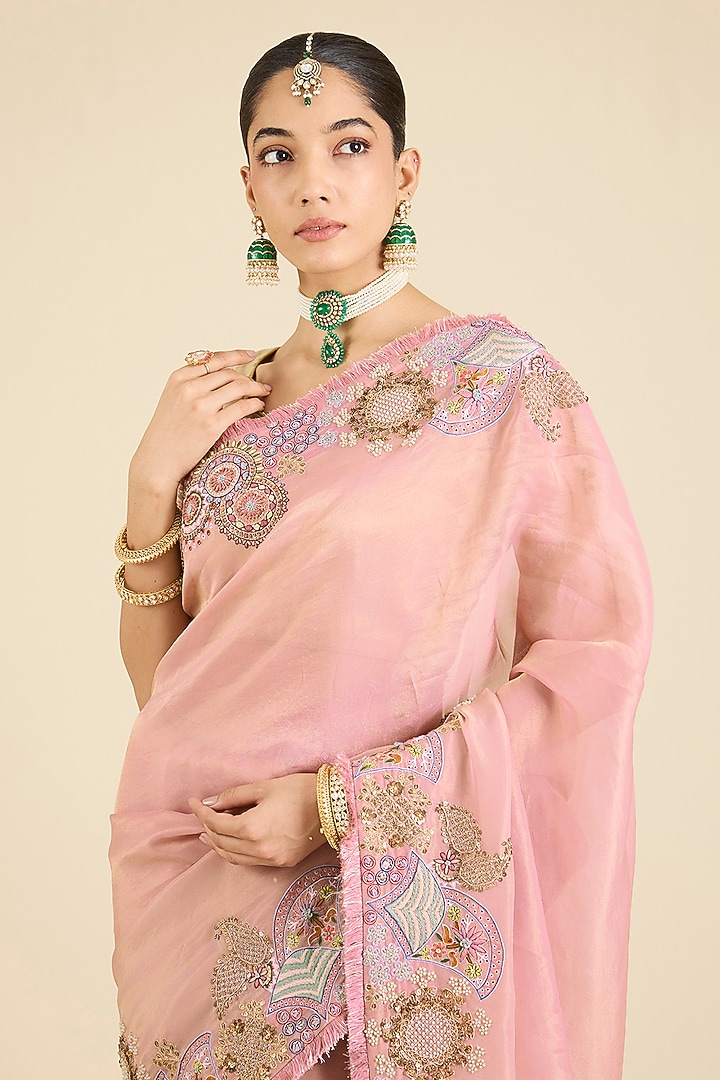 Onion Pink Shimmer Tissue Reception Saree Set by Jaya Rathore at Pernia's Pop Up Shop