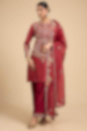 Rust Red Silk Thread Embroidered Tunic Set by Jaya Rathore at Pernia's Pop Up Shop