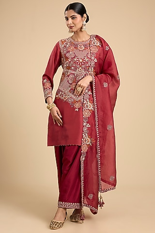 Rust Red Silk Thread Embroidered Tunic Set by Jaya Rathore
