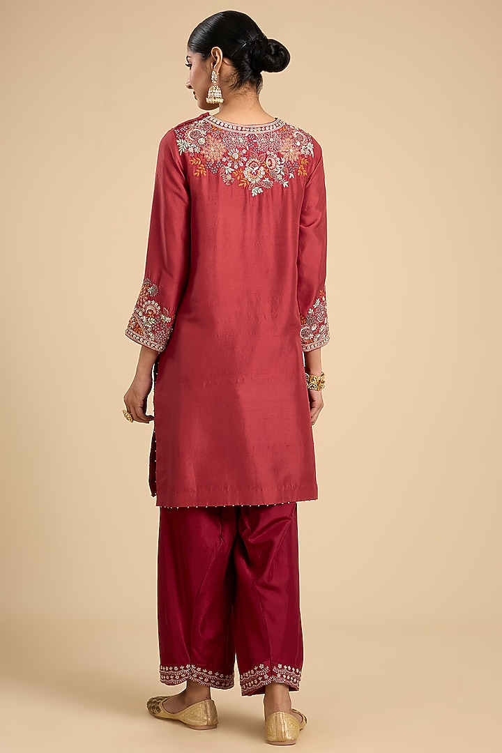 Rust Red Silk Thread Embroidered Tunic Set by Jaya Rathore at Pernia's Pop Up Shop