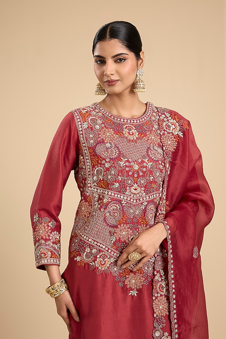 Rust Red Silk Thread Embroidered Tunic Set by Jaya Rathore at Pernia's Pop Up Shop