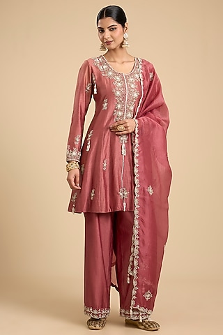 Coral Silk Cutdana & Moti Work Paneled Tunic Set by Jaya Rathore