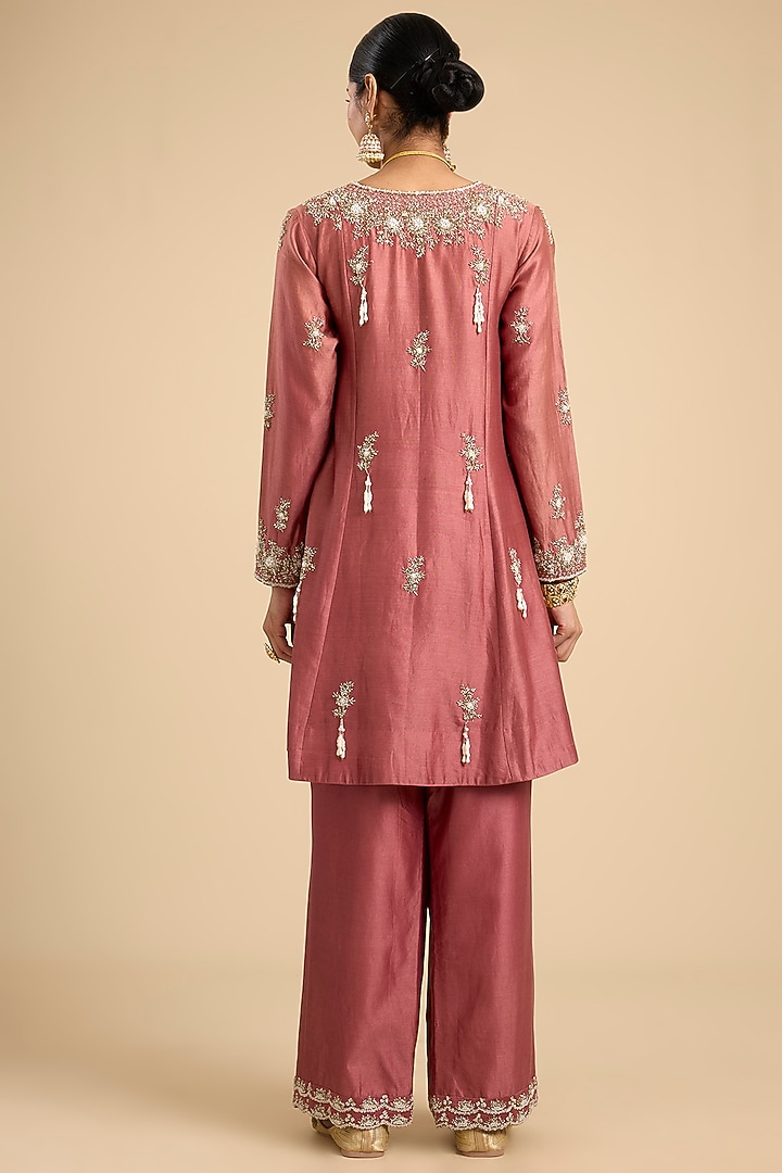 Coral Silk Cutdana & Moti Work Paneled Tunic Set by Jaya Rathore at Pernia's Pop Up Shop