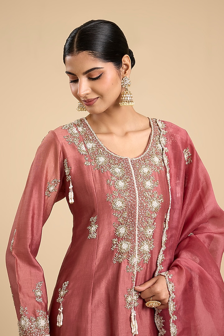Coral Silk Cutdana & Moti Work Paneled Tunic Set by Jaya Rathore at Pernia's Pop Up Shop