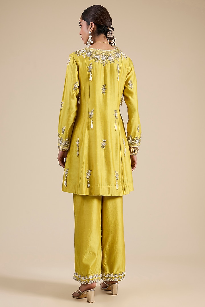 Mustard Chanderi Silk Moti Embroidered Kurta Set by Jaya Rathore at Pernia's Pop Up Shop