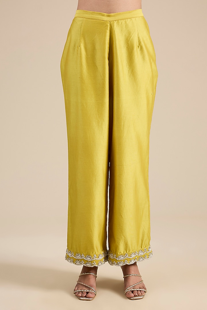 Mustard Chanderi Silk Moti Embroidered Kurta Set by Jaya Rathore at Pernia's Pop Up Shop