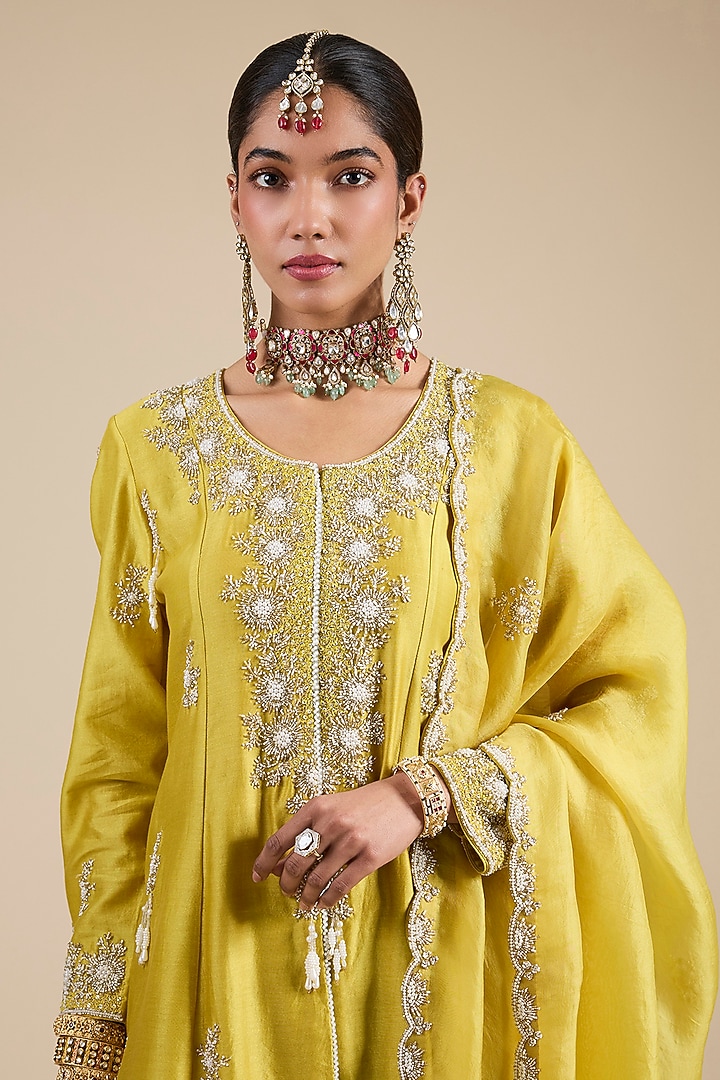Mustard Chanderi Silk Moti Embroidered Kurta Set by Jaya Rathore at Pernia's Pop Up Shop