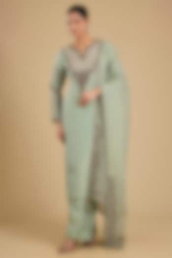 Wash Blue Shimmer Tissue Antique Work Kurta Set by Jaya Rathore at Pernia's Pop Up Shop