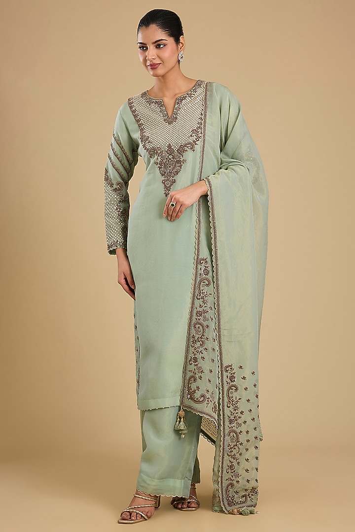 Wash Blue Shimmer Tissue Antique Work Kurta Set by Jaya Rathore at Pernia's Pop Up Shop