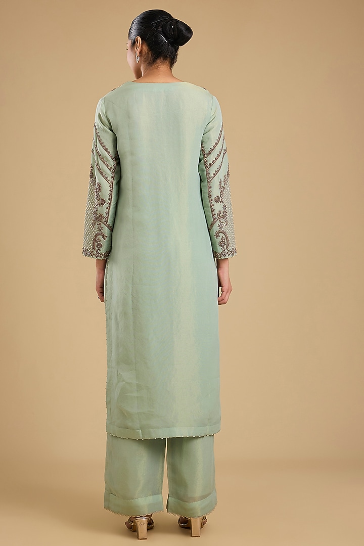 Wash Blue Shimmer Tissue Antique Work Kurta Set by Jaya Rathore at Pernia's Pop Up Shop
