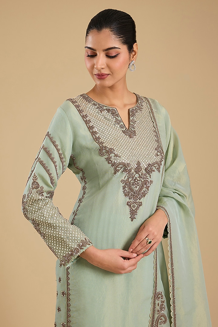 Wash Blue Shimmer Tissue Antique Work Kurta Set by Jaya Rathore at Pernia's Pop Up Shop