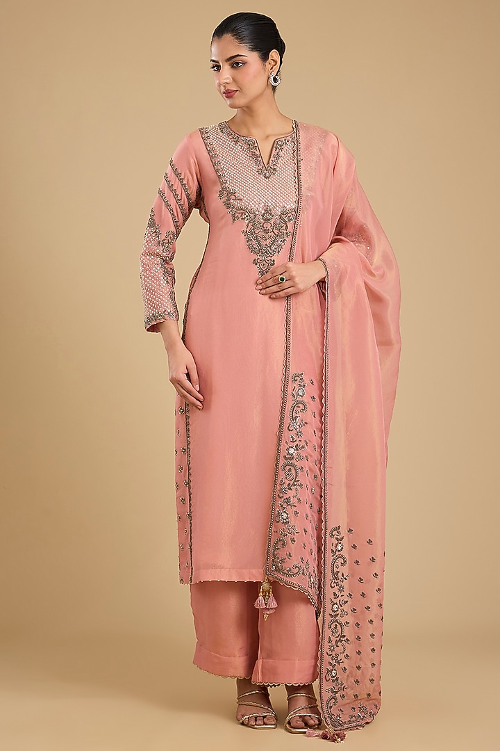 Pink Shimmer Tissue Antique Work Kurta Set by Jaya Rathore at Pernia's Pop Up Shop