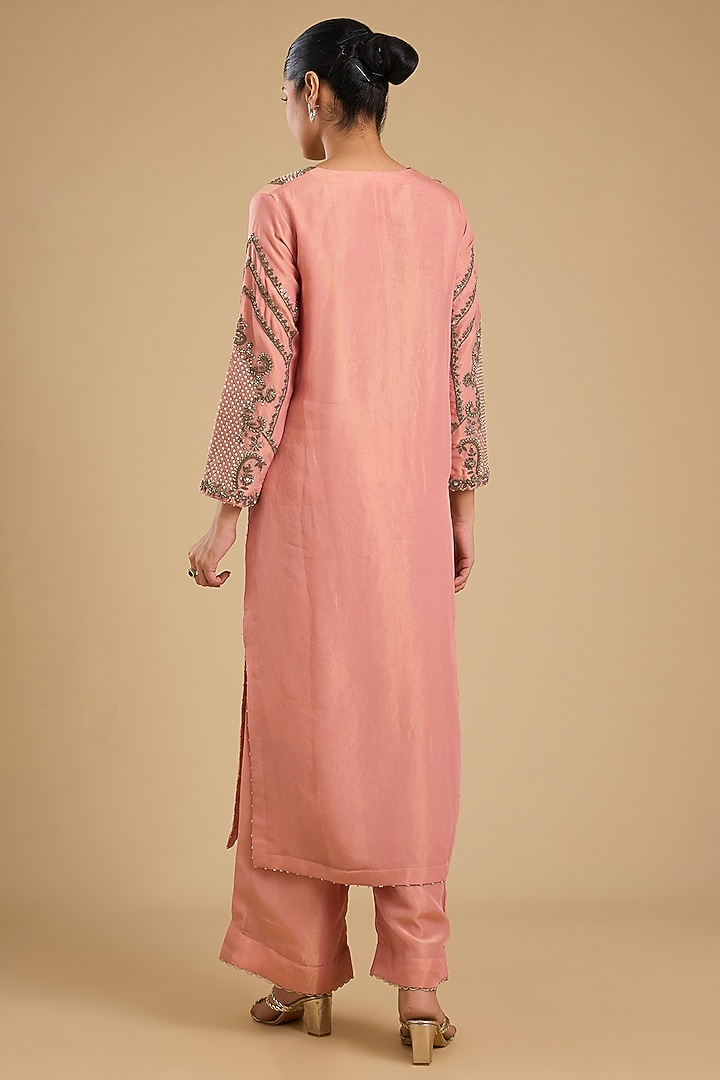 Pink Shimmer Tissue Antique Work Kurta Set by Jaya Rathore at Pernia's Pop Up Shop