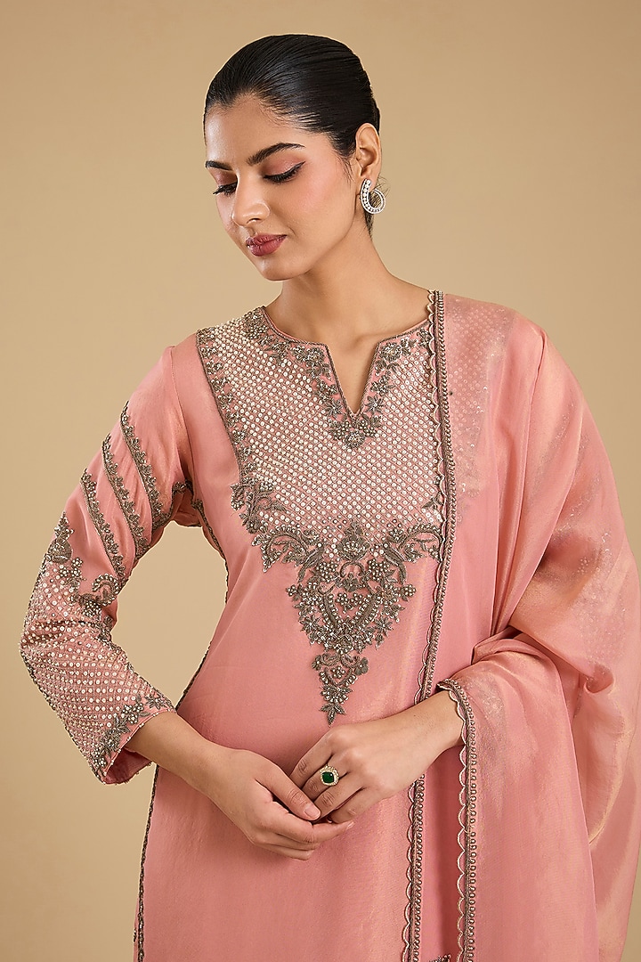Pink Shimmer Tissue Antique Work Kurta Set by Jaya Rathore at Pernia's Pop Up Shop