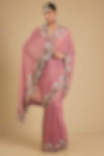 Onion Pink Shimmer Tissue Boota Work Wedding Saree Set by Jaya Rathore at Pernia's Pop Up Shop