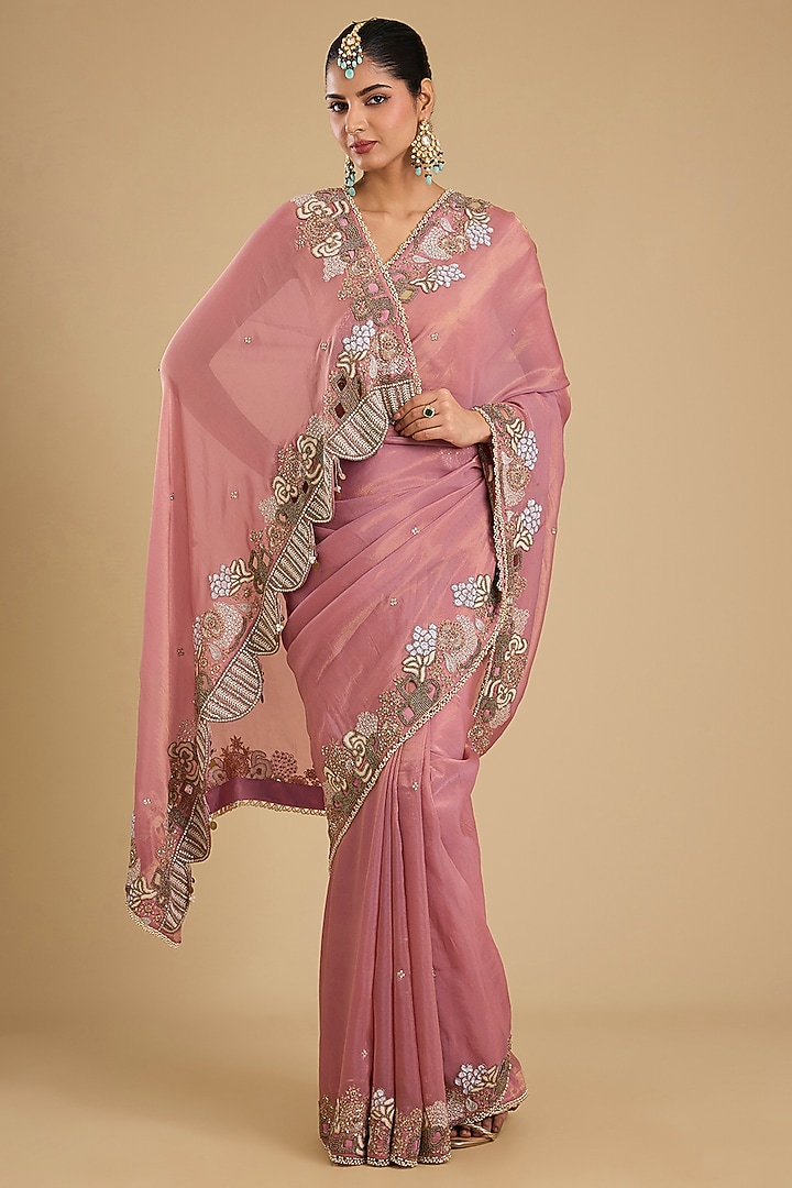 Onion Pink Shimmer Tissue Boota Work Wedding Saree Set by Jaya Rathore at Pernia's Pop Up Shop