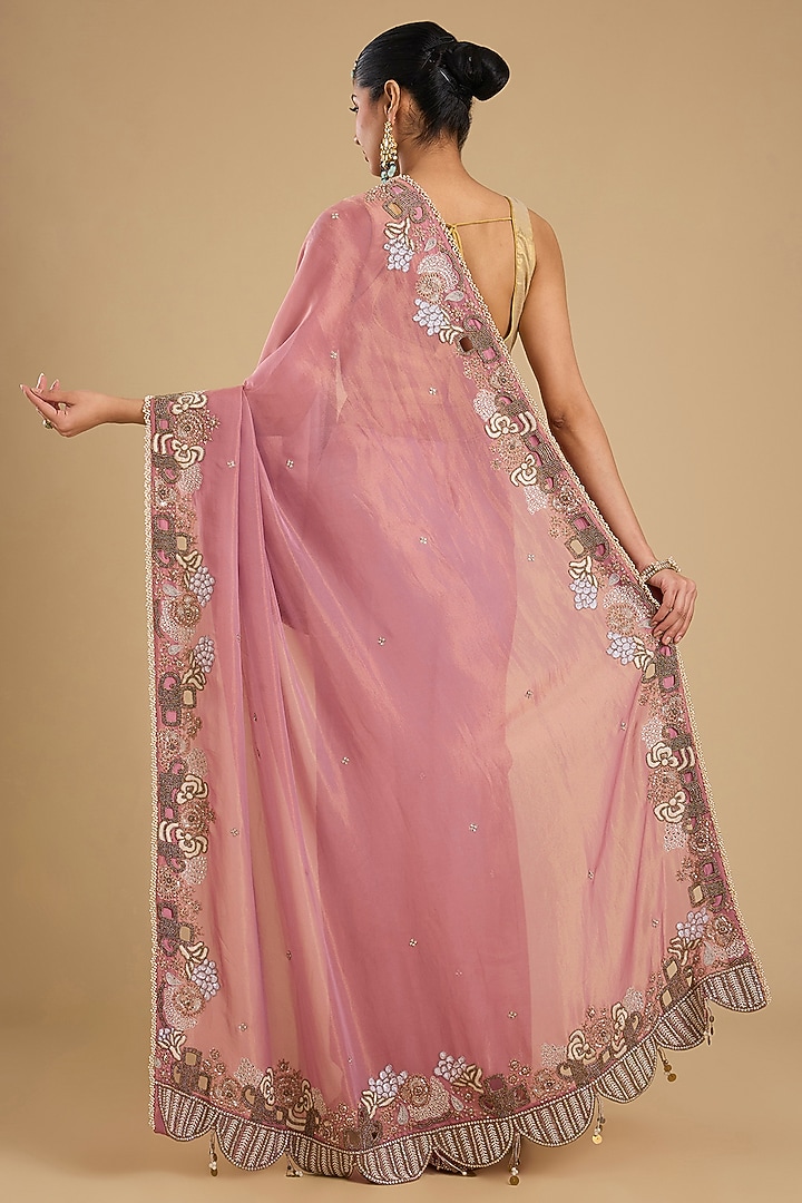 Onion Pink Shimmer Tissue Boota Work Wedding Saree Set by Jaya Rathore at Pernia's Pop Up Shop