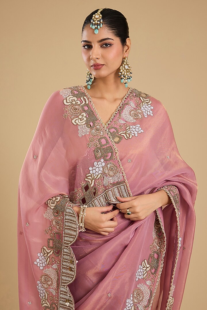 Onion Pink Shimmer Tissue Boota Work Wedding Saree Set by Jaya Rathore at Pernia's Pop Up Shop