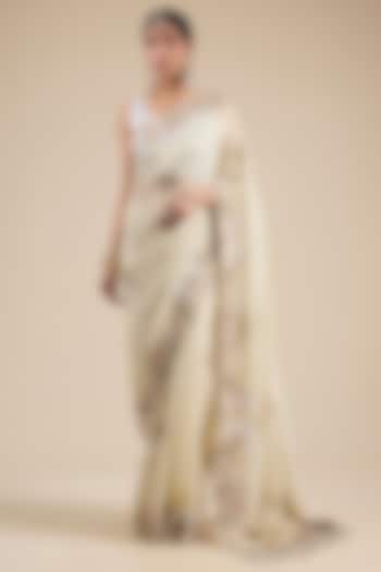 Ivory Shimmer Tissue Cutwork Embroidered Reception Saree Set by Jaya Rathore at Pernia's Pop Up Shop