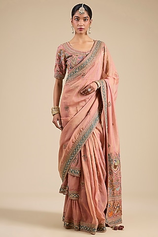 Onion Pink Shimmer Tissue Moti Embroidered Saree Set by Jaya Rathore